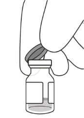 Una mano sostiene un pequeño frasco de vidrio con tapón de rosca para la preparación de un medicamento en un dibujo lineal en blanco y negro