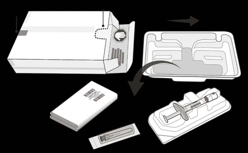 Diagrama que muestra una caja abierta, una bandeja vacía, un prospecto, una jeringa individual y una jeringa en una bandeja con contenedor