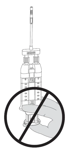 Dibujo técnico de una mano sosteniendo una jeringa precargada con un círculo con barra diagonal de prohibición sobre la