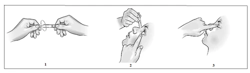 Three illustrations show how to prepare and apply a medical device to the nose by handling it and pressing it against the nostril
