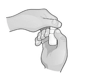Two hands holding and twisting a small white vial to open or manipulate it, depicted in a schematic black-and-white drawing