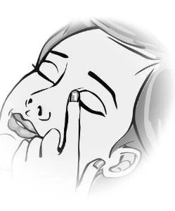 Black-and-white drawing of a person with closed eyes applying a drop of medication onto the lower eyelid with the