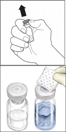 Drawing of a hand lifting a cap off a glass vial next to two vials containing white powder and bluish liquid