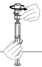 Two hands holding a sy游戏副本 while the upper hand rotates the top cap clockwise, indicated by a black curved arrow