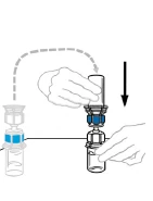 Technical drawing showing a hand inserting a cylindrical container into another holder with a black arrow pointing downward