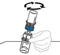 A hand holding a glass vial while rotating clockwise a medical device with a blue cap, indicated by a black circular arrow