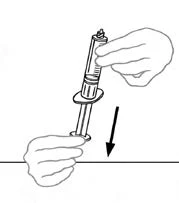 Two hands holding a syringe with a black arrow pointing downward indicating the plunger pressing movement