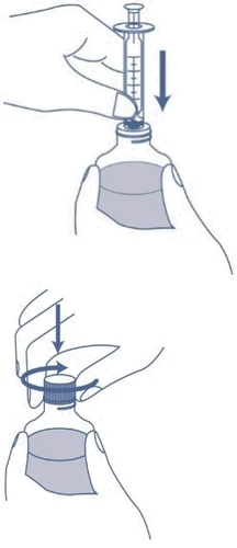 Ilustración en dos pasos que muestra una mano insertando una jeringa en un frasco y otra mano girando la tapa para abrirla