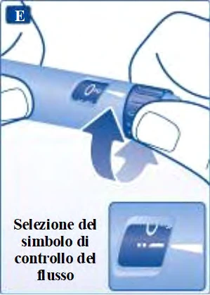 Manos que giran el anillo de un dispositivo médico azul para seleccionar el símbolo de control de flujo indicado por una flecha curva
