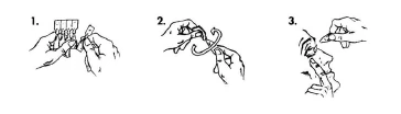 Three sequential drawings show hands opening a medical device, removing a seal, and pressing an applicator onto the skin