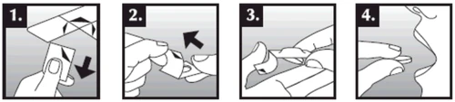 Secuencia de cuatro ilustraciones numeradas que muestran las manos abriendo y separando un prospecto de medicamento plegado