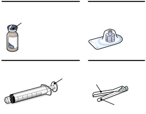 Ilustracja medyczna fiolki 2 ml, gumowego korka, strzykawki z igłą i opakowania ze sterylizowanymi chusteczkami na białym tle
