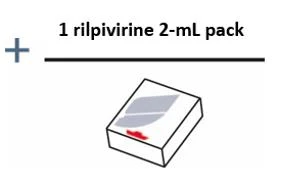 Tekst z napisem 1 rilpivirine 2-mL pack nad poziomą czarną linią i l