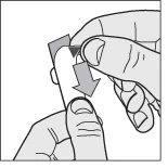 Two hands holding and rotating a small cylindrical container with gray arrows indicating downward rotational movement