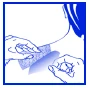 Two hands applying an adhesive patch to the upper neck area of a person with dark hair on a white and blue background