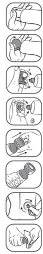 Secuencia de ilustraciones que muestran las manos preparando y utilizando un dispositivo médico para la