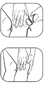 Dibujo técnico que muestra dos manos aplicando un dispositivo médico en la parte superior del muslo de una persona en dos posiciones diferentes