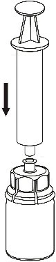 Dibujo técnico de una jeringa con émbolo que se empuja hacia abajo con una flecha negra para aspirar el contenido de un frasco médico