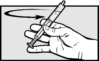 Una mano sostiene una jeringa en diagonal con una flecha curva encima que indica un movimiento de rotación hacia la derecha