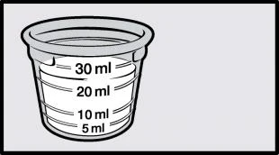 Dibujo de un vaso medidor transparente graduado con indicaciones de volumen para 5 ml, 10 ml, 20 ml y 30 ml