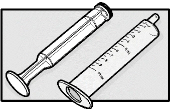 Dibujo técnico de dos jeringas médicas con cilindro graduado y émbolo, una con indicación de 10 ml y la