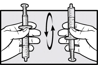 Dos manos sostienen una jeringa en dos posiciones diferentes conectadas por una flecha circular que indica el movimiento de rotación de la