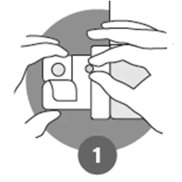Schematic black and white drawing showing two hands holding and preparing a medical device with a circular button and the number 1