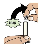 Две руки держат шприц, верхняя часть снимается резким движением, обозначенным чёрной стрелкой и надписью Snap