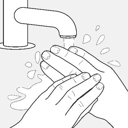 Чёрно-белый рисунок, показывающий, как две руки моют под струёй воды