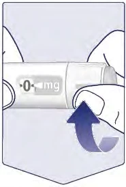 Дві руки тримають білий медичний пристрій з позначкою 0 mg та викривленою синьою стрілкою, що вказує на обертальний рух