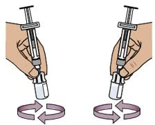 Dos manos sostienen respectivamente dos jeringas para girar el frasco de vidrio hacia la derecha y hacia la izquierda siguiendo flechas circulares