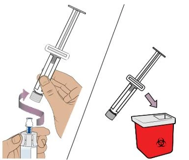 Ilustración médica que muestra una mano que gira una jeringa sobre un frasco y un