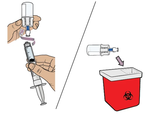 Manos que desenroscan la tapa de la jeringa y la tiran a un contenedor rojo para residuos biológicos con símbolo de riesgo biológico