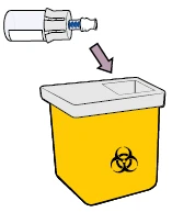Ilustración de un frasco de vidrio que se tira con una flecha hacia un contenedor amarillo para residuos biológicos con símbolo de riesgo