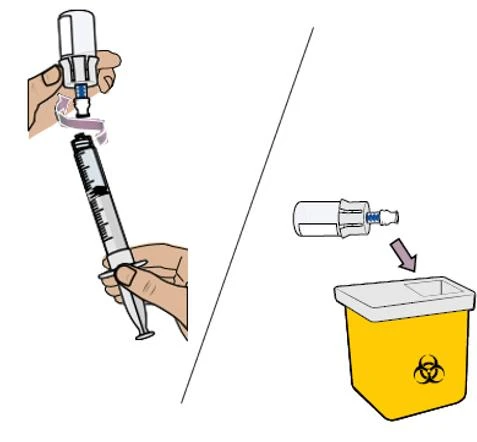 Manos que atornillan un frasco a una jeringa y un contenedor amarillo para eliminación de residuos biológicos con flecha direccional
