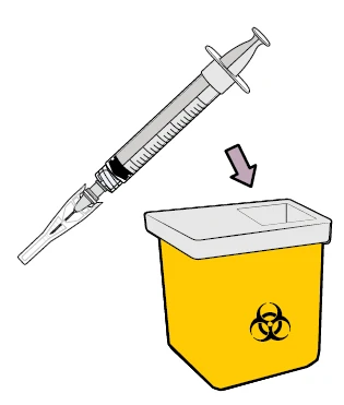 Ilustración de una jeringa con aguja que se introduce en un contenedor amarillo para eliminación de residuos biológicos con símbolo de riesgo