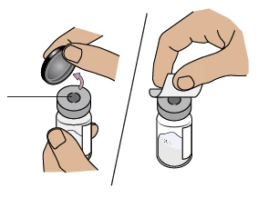 Dos ilustraciones muestran manos que retiran el tapón de un frasco de vidrio y luego despegan la película protectora del borde superior