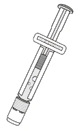 Dibujo técnico en blanco y negro de una jeringa con líquido en su interior