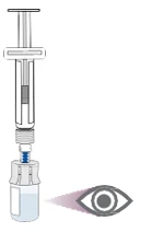 Dibujo técnico de una jeringa con aguja conectada a un frasco de medicamento con un ojo estilizado que observa el contenido