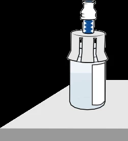 Frasco cilíndrico transparente con líquido en su interior y un tapón blanco con conector azul colocado sobre una superficie plana gris