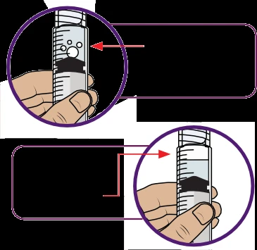 Dos diagramas circulares muestran una mano que sostiene una jeringa con indicaciones sobre burbujas de aire