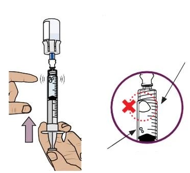 Ilustración médica que muestra una mano que sostiene una jeringa con burbujas de aire