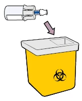 Un frasco de vidrio con tapón azul se introduce mediante una flecha en un contenedor amarillo para residuos biológicos con símbolo de riesgo