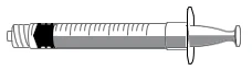Dibujo técnico de una jeringa horizontal con cuerpo graduado, émbolo gris y punta con rosca para su conexión