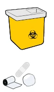 Contenedor amarillo para residuos biológicos con símbolo de riesgo biológico junto a una tirita y una gasa estéril blanca