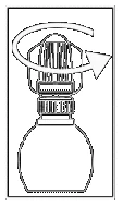 Dibujo técnico de un frasco con una flecha curva que indica el giro en sentido horario de la tapa superior