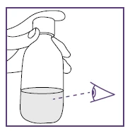 Linear drawing of a hand holding a medicine vial while an eye observes the liquid level