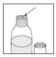 Technical drawing of a medicine vial with cap removed and a purple arrow indicating the hole on the upper part of the neck