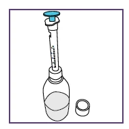 Technical drawing of a syringe with blue plunger inserted into a glass vial containing liquid with the removed cap beside it