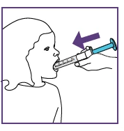 Linear drawing of a girl in profile opening her mouth to receive medication from a needle-free syringe held by a hand